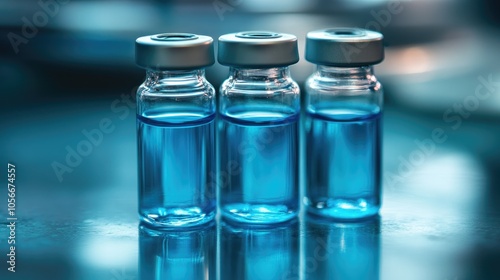 Three small vials containing blue liquid are placed on a surface