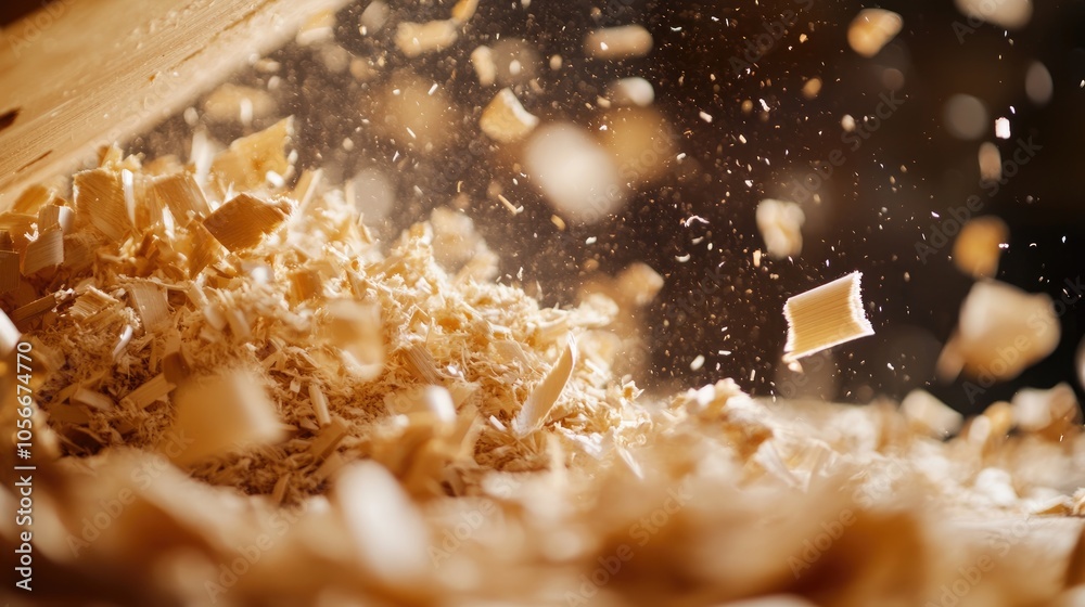 Wood shavings dispersing in the air during a woodworking process featuring a detailed close up Represents carpentry and handmade craftsmanship Wood shavings dispersing in the air during a woodworking process featuring a detailed close up Represents carpentry and handmade craftsmanship
