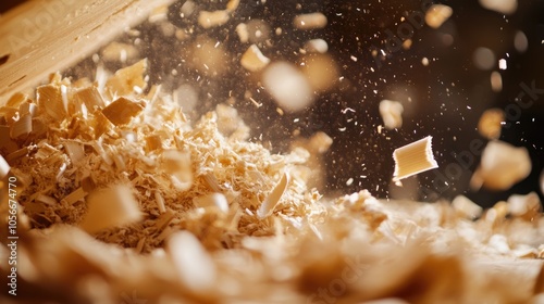 Wood shavings dispersing in the air during a woodworking process featuring a detailed close up Represents carpentry and handmade craftsmanship