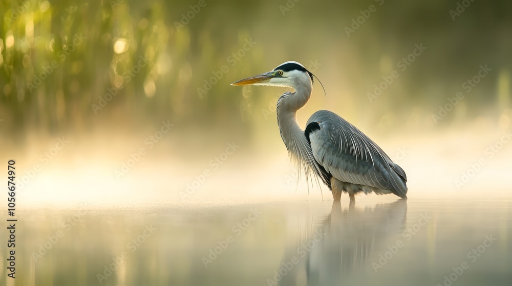Tranquil Morning Grace - Close-up Portrait of Heron in Misty Marsh with Soft Reflections and Gentle Light Tranquil Morning Grace - Close-up Portrait of Heron in Misty Marsh with Soft Reflections and Gentle Light