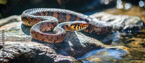 Northern Water Snake Nerodia Sipedon Large Nonvenomous Common Snake In The Family Colubridae Basks In Sunlight On Wired Rocks photo