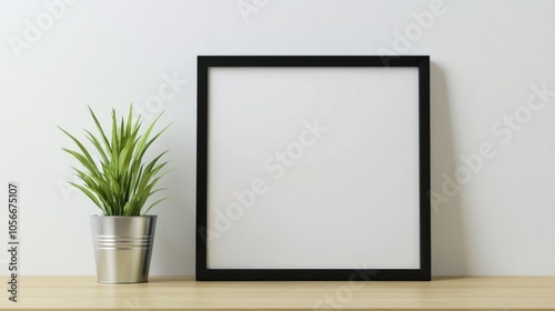 Black frame mockup featuring a white picture frame alongside a small green plant in a silver pot on a wooden desk set against a white wall emphasizing home decor and offering ample copy space