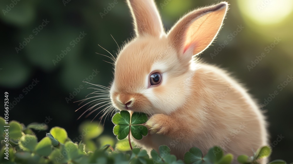 Obraz premium Enchanting Springtime Portrait of Baby Rabbit Nibbling on Clover with Expressive Eyes | Ultra-Detailed Close-Up Photography
