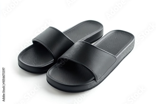 Pair of Black Leather Slide Sandals on a White Background