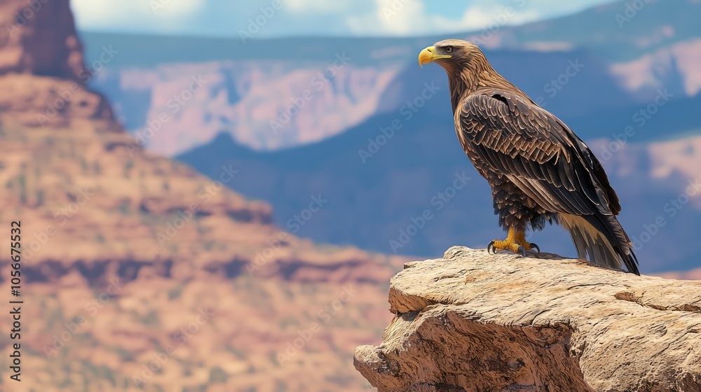 Fototapeta premium Majestic Eagle Perched on Cliff with Panoramic Landscape - Symbol of Freedom and Nature's Power