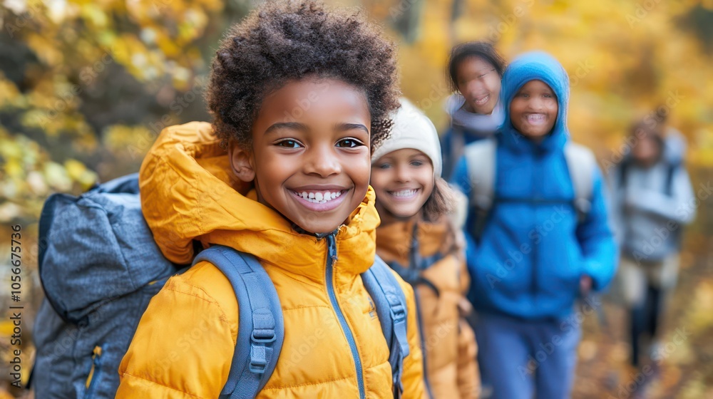 Families going on hikes or taking nature walks, surrounded by fall foliage Families going on hikes or taking nature walks, surrounded by fall foliage