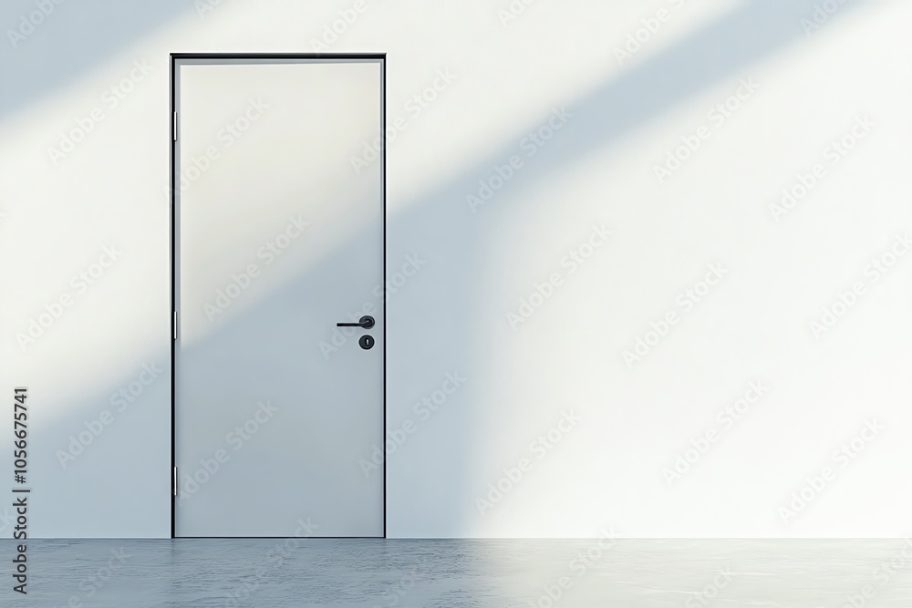 Minimalist white door against a blank wall with soft natural light.