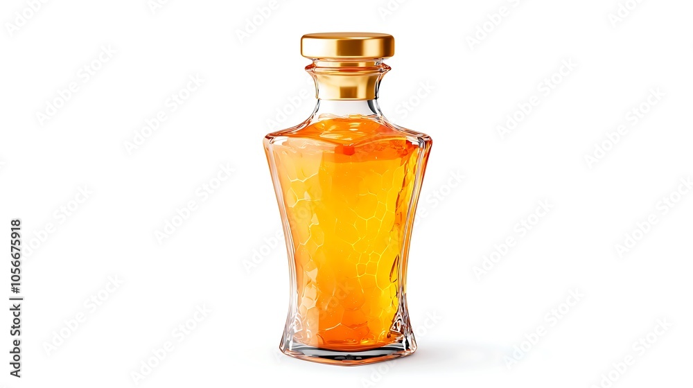Gold Cap Glass Bottle with Honey Liquid Isolated on White Background Gold Cap Glass Bottle with Honey Liquid Isolated on White Background