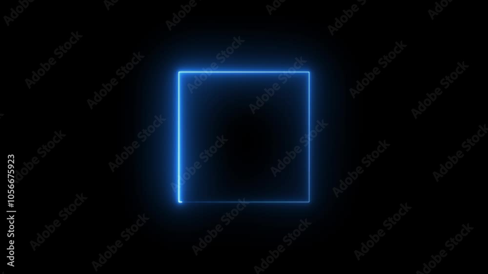 Glowing neon square frame animation. luminous banner animation. blue color neon box icon. Neon Figure On Black Background. 