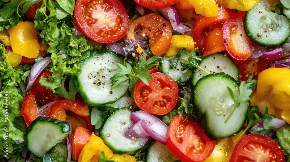 Vibrant fresh vegetables arranged in a salad highlighting their colorful appearance and nutritious ingredients for a healthy meal option Vibrant fresh vegetables arranged in a salad highlighting their colorful appearance and nutritious ingredients for a healthy meal option