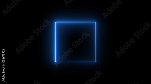 Glowing neon square frame animation. luminous banner animation. blue color neon box icon. Neon Figure On Black Background. 