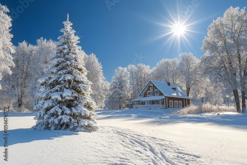 Beautiful Christmas tree in the snow with a cozy house and trees, all basking in the bright sun under a clear blue sky.