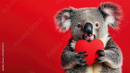 Adorable koala bear clutching a red heart perfect for a Valentine s Day or wedding celebration greeting card set against a vibrant red backdrop photo