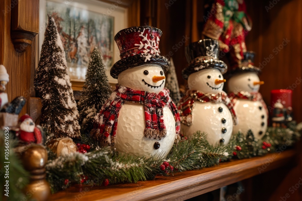 Three snowmen with red and white scarves are sitting on a shelf. The snowmen are smiling and the shelf is decorated with Christmas decorations Three snowmen with red and white scarves are sitting on a shelf. The snowmen are smiling and the shelf is decorated with Christmas decorations