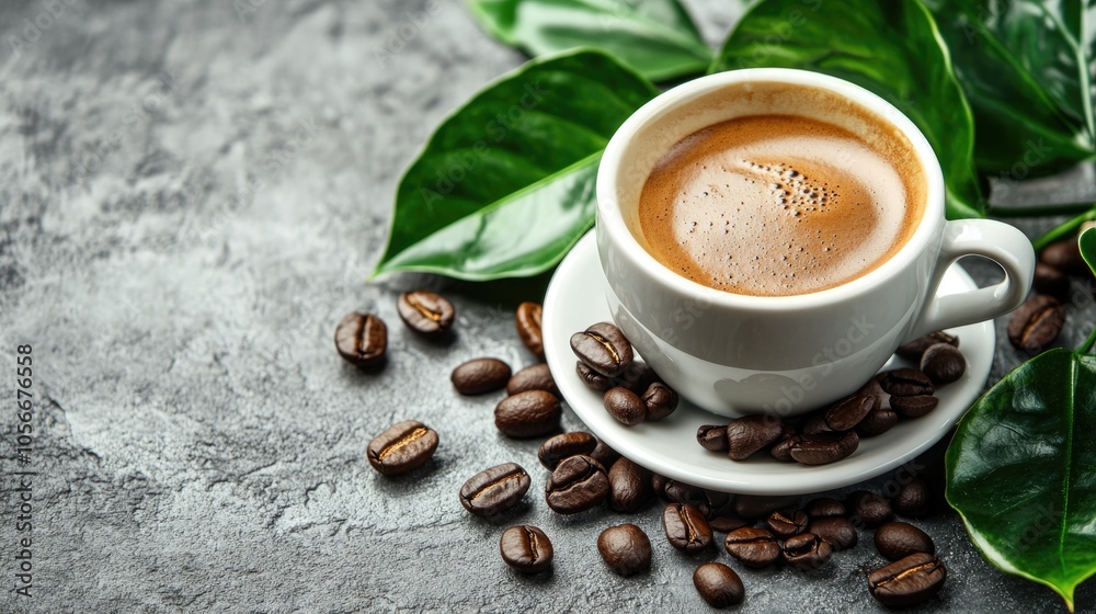 Freshly brewed coffee in a white cup accompanied by coffee beans and leaves Food background featuring ample copy space Freshly brewed coffee in a white cup accompanied by coffee beans and leaves Food background featuring ample copy space