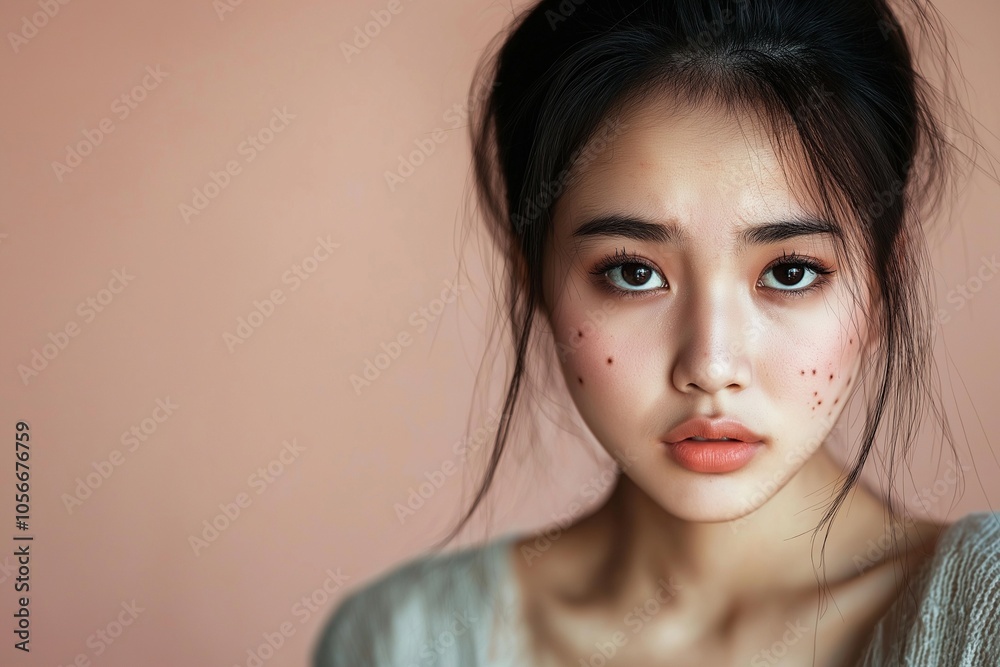 Fototapeta premium asian girl face with acne by generative ai