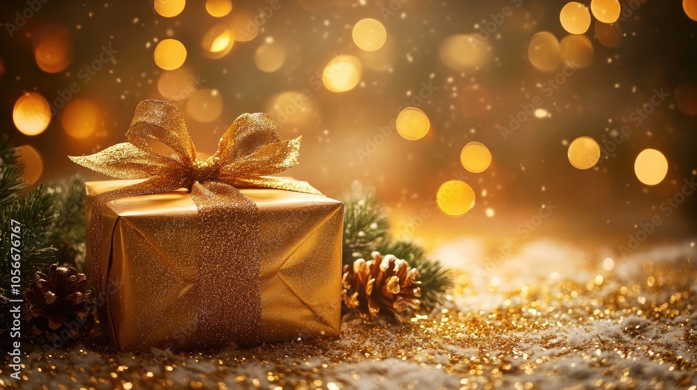 A Christmas card and an elegantly wrapped gift adorned with a gold ribbon in a warm inviting holiday atmosphere A Christmas card and an elegantly wrapped gift adorned with a gold ribbon in a warm inviting holiday atmosphere