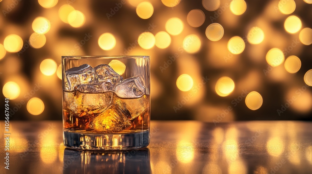Whiskey glass filled with ice set on a table complemented by a blurred bokeh lights backdrop Whiskey glass filled with ice set on a table complemented by a blurred bokeh lights backdrop