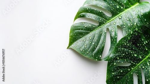 Wallpaper Mural Monstera plant leaves adorned with raindrops on a white backdrop Horizontal banner featuring ample copy space for tropical and botanical themes Torontodigital.ca