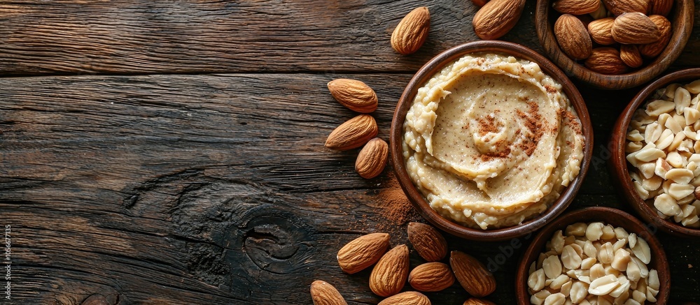 Almond Butter And Marzipan Butter On A Wooden Natural Table With Raw Nuts Almond Butter And Marzipan Butter On A Wooden Natural Table With Raw Nuts