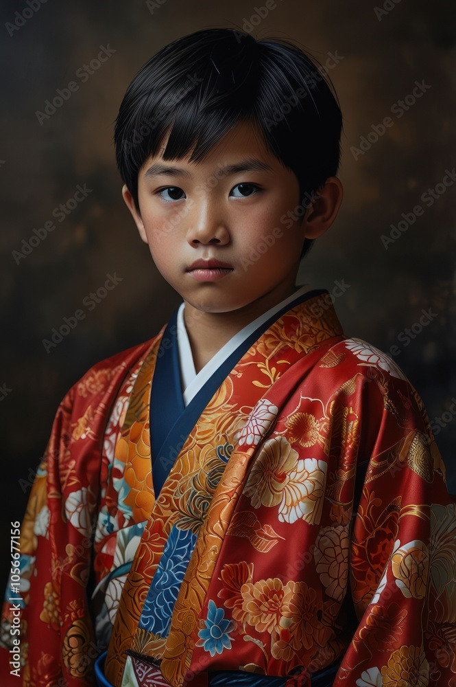 Portrait photography of a boy wearing a kimono, which is traditional Japanese clothing with beautiful motifs. Portrait photography of a boy wearing a kimono, which is traditional Japanese clothing with beautiful motifs.