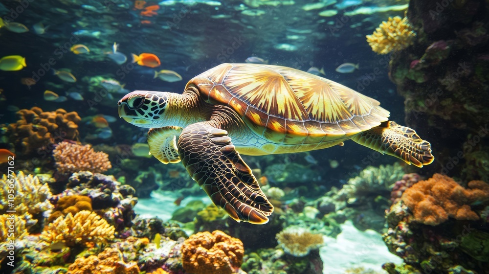 Obraz premium Majestic Sea Turtle Swimming Among Colorful Coral and Fish in Crystal Clear Waters - Ultra-Detailed Underwater Portrait of Marine Beauty