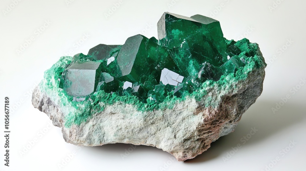 A green mineral on a white surface originating from a copper mine A green mineral on a white surface originating from a copper mine