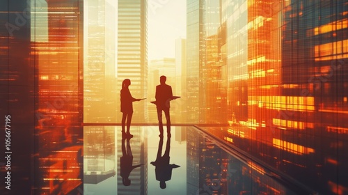 Two people standing in front of a city skyline, one holding a tablet