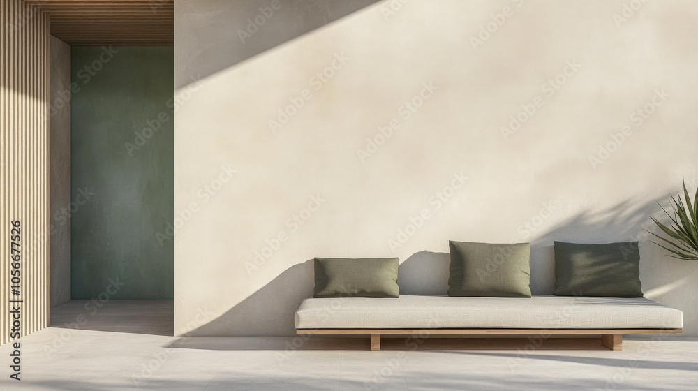Modern minimalist living space with a simple sofa and natural lighting in a serene environment Modern minimalist living space with a simple sofa and natural lighting in a serene environment