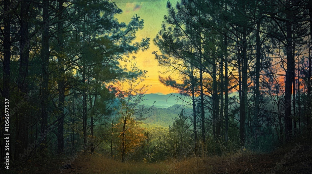 Obraz premium Sunset On The Mountain Through The Trees