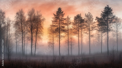 Misty trees in a tranquil forest at sunrise Landscape photography