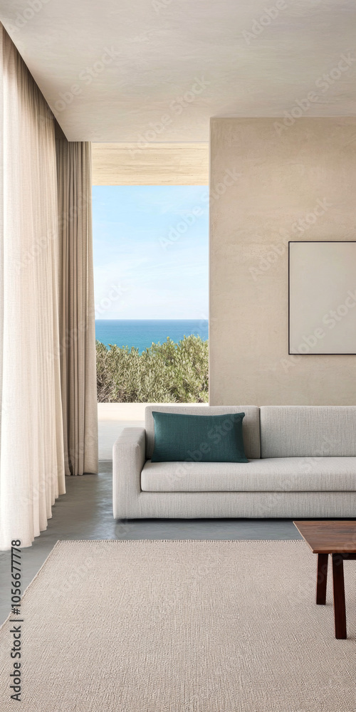 Obraz premium Modern living room with ocean view featuring neutral tones and natural light
