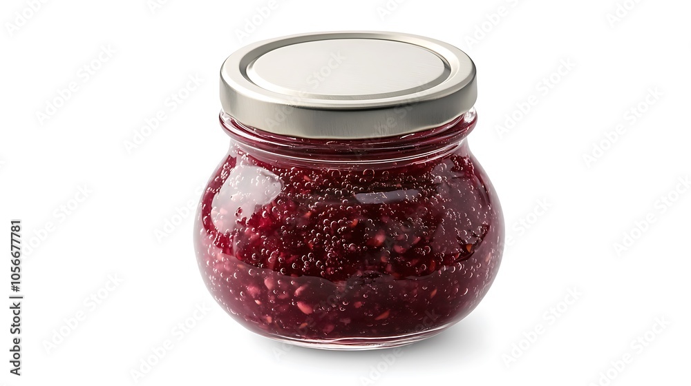 Glass Jar of Homemade Raspberry Jam with Silver Lid Glass Jar of Homemade Raspberry Jam with Silver Lid