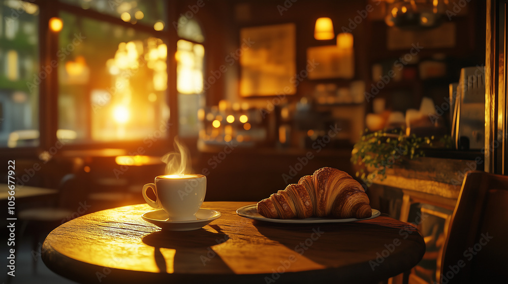 Cozy Morning Delight: A Cup of Coffee and Fresh Croissant Cozy Morning Delight: A Cup of Coffee and Fresh Croissant