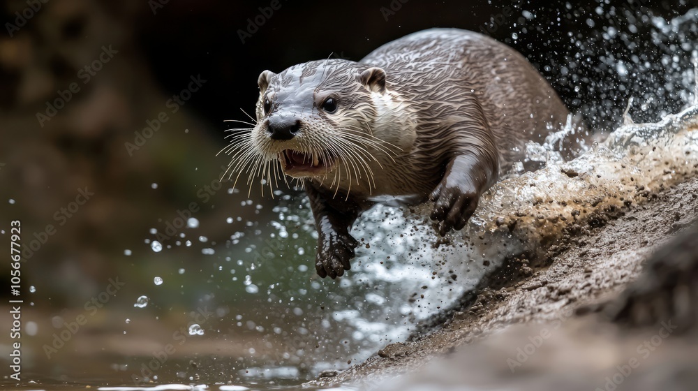 Spirited Otter Playing and Sliding into Water with Joy and Splashes in Vivid Detail Spirited Otter Playing and Sliding into Water with Joy and Splashes in Vivid Detail