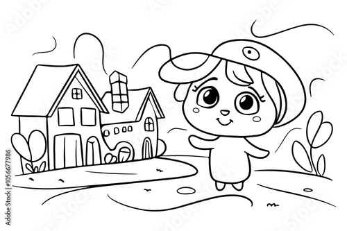 A black and white drawing of a house with a house in the background
