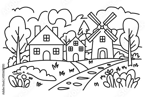 A black and white drawing of a house with a house in the background