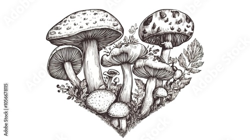 A vintage design featuring heart-shaped arrangements of forest mushrooms, beautifully hand-drawn to showcase the enchanting beauty of nature. This artistic representation includes various mushrooms 