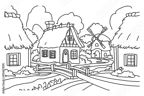 A black and white drawing of a house with a house in the background