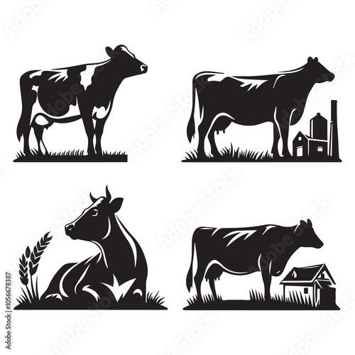 Dairy Cow Silhouette Vector  Farm Animal Illustration, isolated background, ai generated