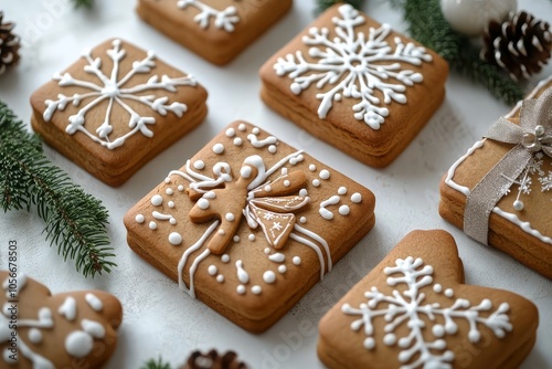 Delicious gingerbread cookies shaped like presents, snowflakes, and reindeer arranged on a white table with festive decorations and pine leaves.