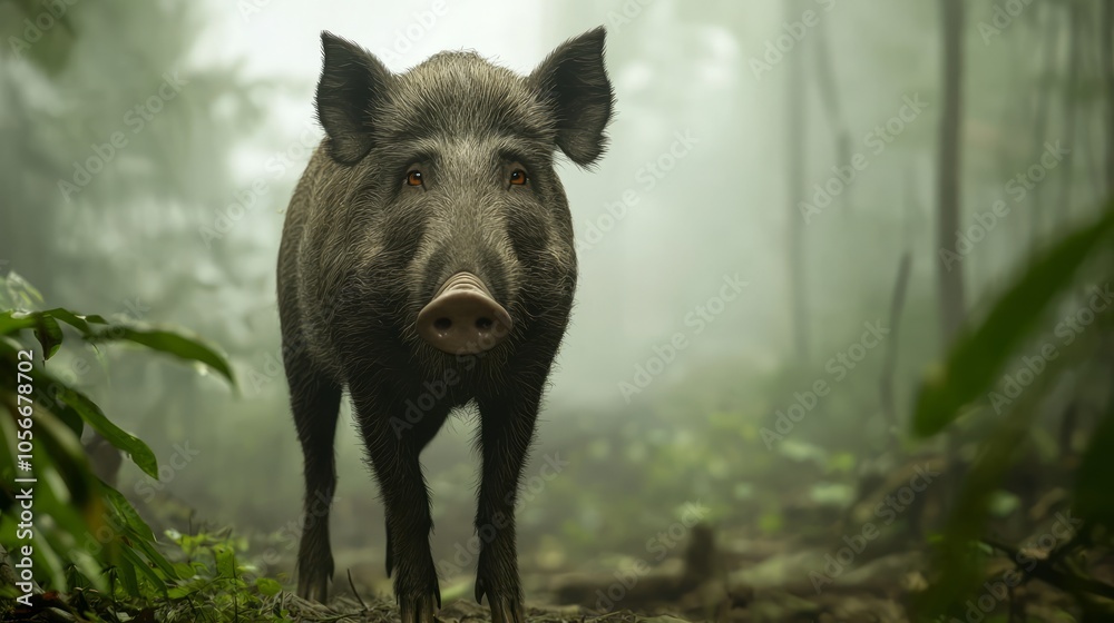Majestic Wild Boar in Misty Forest - Intense Nature Portrait with Detailed Fur Majestic Wild Boar in Misty Forest - Intense Nature Portrait with Detailed Fur
