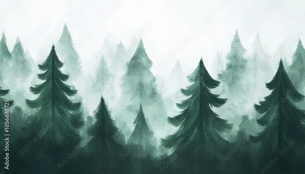 Fototapeta premium Misty Forest with Tall Evergreen Trees - Serene Nature Scenery, Watercolor Painting