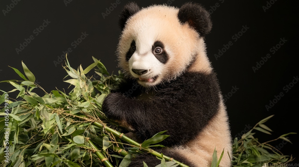 Playful Baby Panda with Bamboo in Lush Greenery - Ultra-Detailed Wildlife Portrait Playful Baby Panda with Bamboo in Lush Greenery - Ultra-Detailed Wildlife Portrait