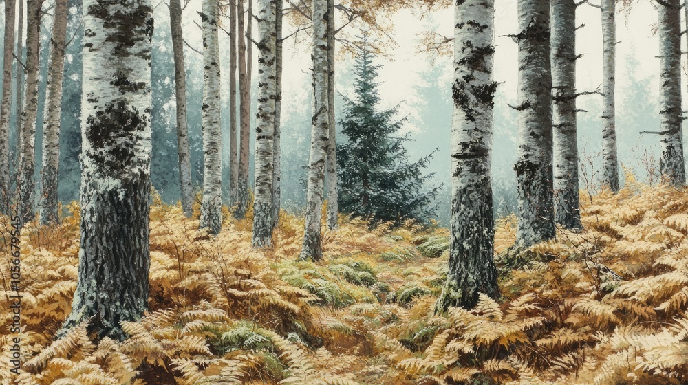 Fototapeta premium Autumn Forest Landscape with Birch Trees and Ferns