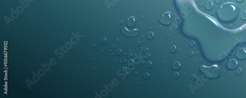 Blue horizontal background with clear water droplets pattern. Realistic 3d vector illustration of smooth waterproof glass or window surface with condensation drop beads. Scattered moisture splatters.