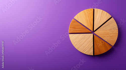 Flat lay of a wooden pie chart, divided into sections, placed on a purple background Minimalist style with warm wood tones contrasting against the vibrant purple backdrop