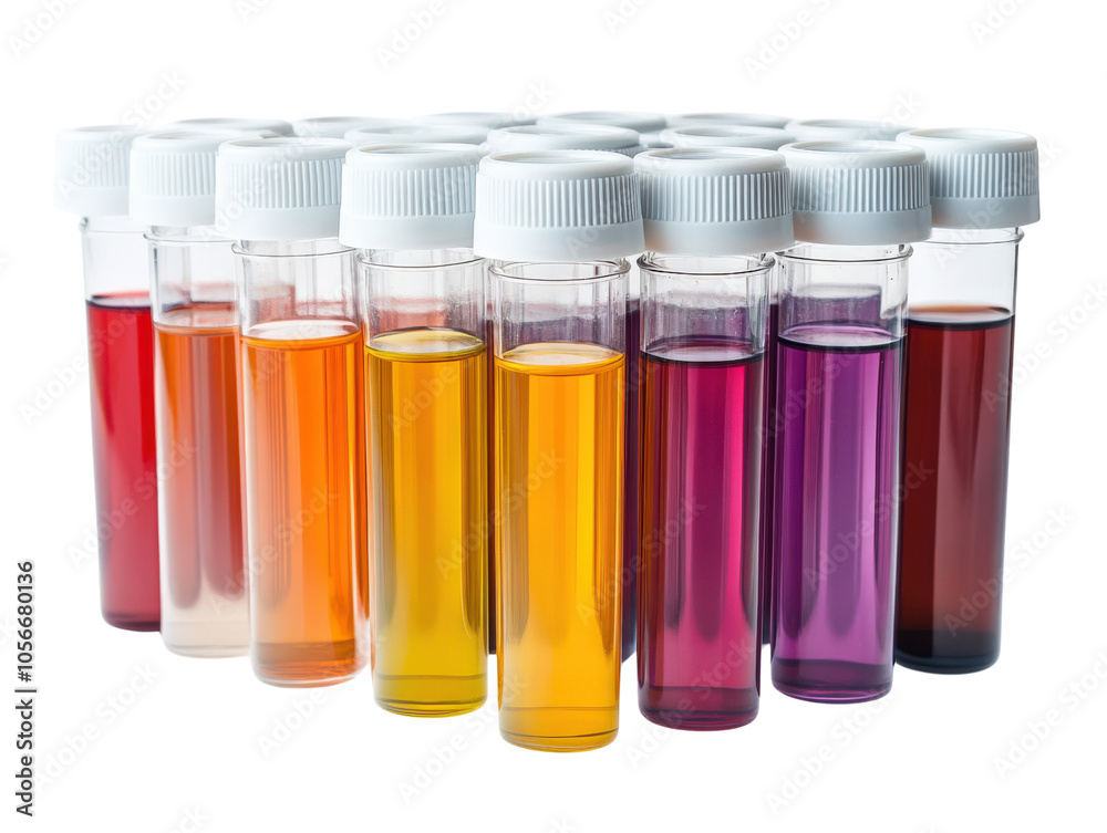 Colorful test tubes arranged in a row on a white isolate background. Colorful test tubes arranged in a row on a white isolate background.