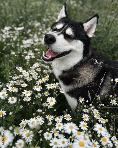 Siberian husky smiling at the camomile field