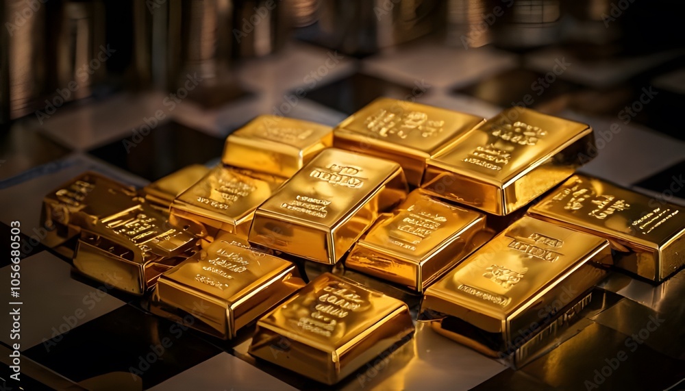 A close-up of stacked gold bars on a chessboard, signifying wealth, strategy, and luxury in an elegant composition.